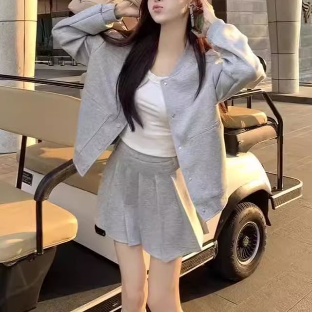 Trendycas-Plain Mini Pleated Skirt Baseball Jacket