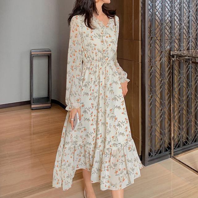 HOT Yesstyle Floral Midi A Line Dress Long-Sleeve Floral Midi A