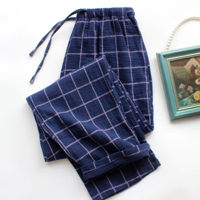 Dogini-Drawstring Waist Plaid Pajama Pants