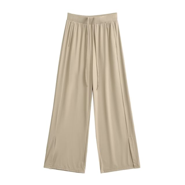 Hollahop-Drawstring Waist Plain Slit Wide Leg Pants