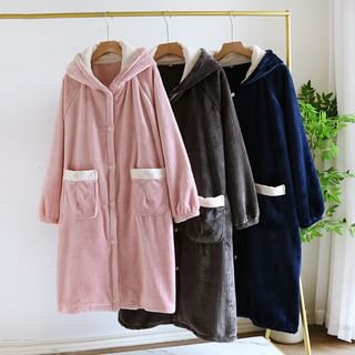 Somnus Couple Matching Contrast Trim Hooded Button-Up Fleece Pajama Robe (Various Designs) Sale