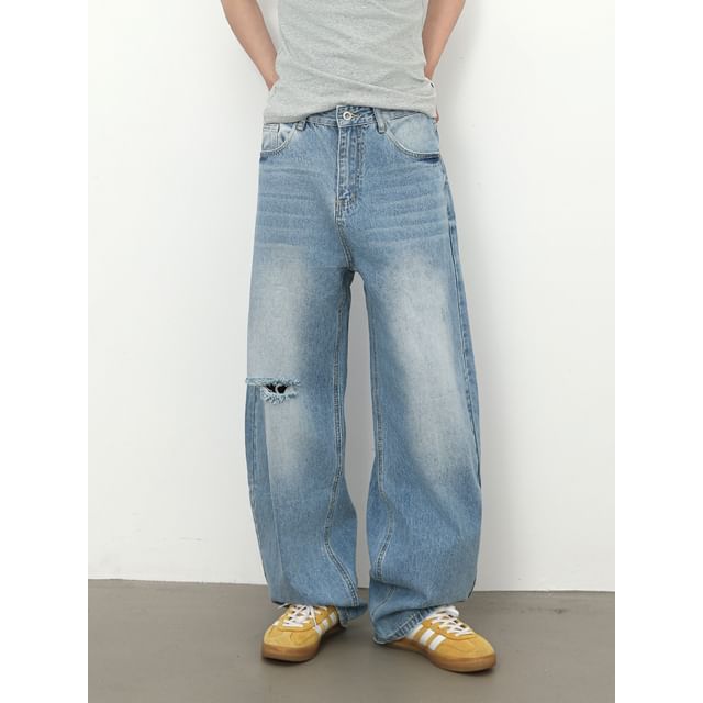 pinkdropper-Distressed Wide-Leg Jeans