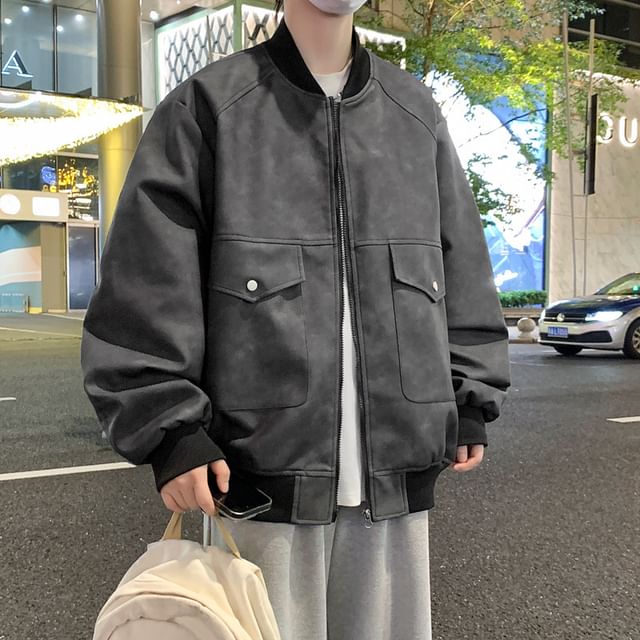 Stone Leo-Faux Leather Zip Bomber Jacket