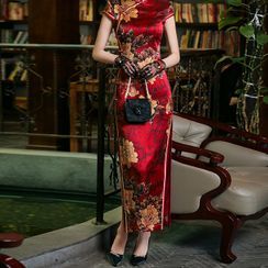 Miss Four Qipao - Short-Sleeve Floral Print Midi Qipao