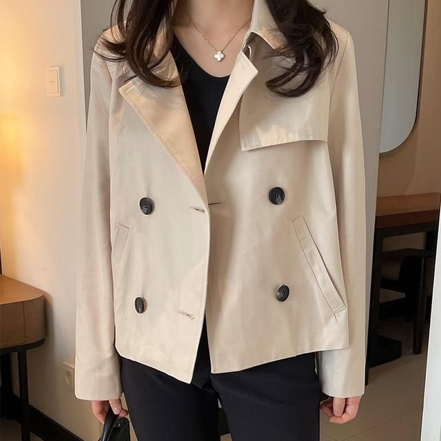 Coris-Collared Plain Double Breasted Trench Jacket