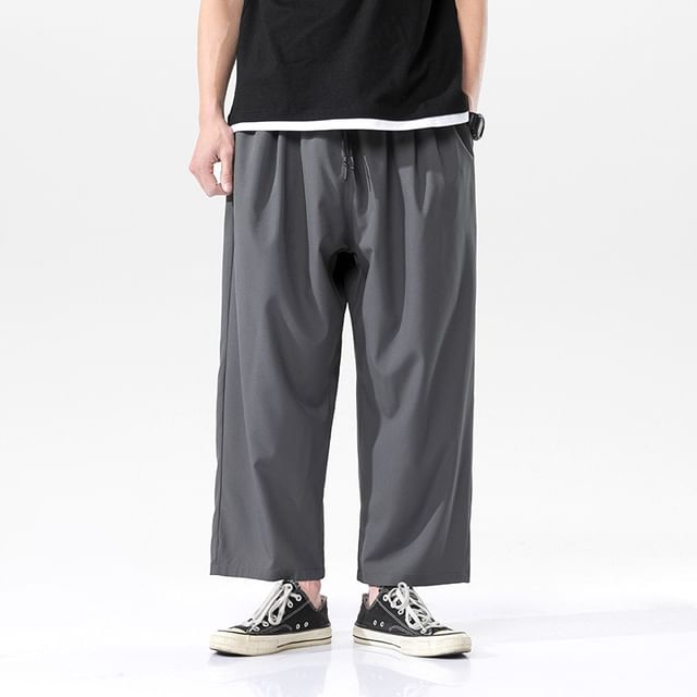FORSETI-Drawstring Waist Plain Cropped Wide Leg Pants