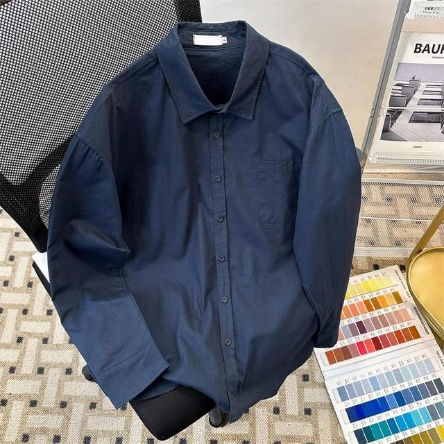 Diphon-Long-Sleeve Plain Button-Up Shirt