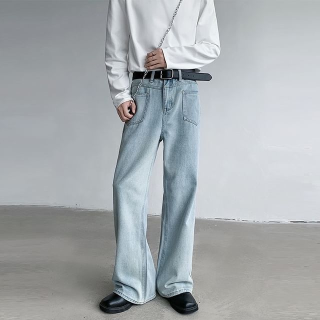 Omozando-Mid Rise Washed Wide Leg Jeans