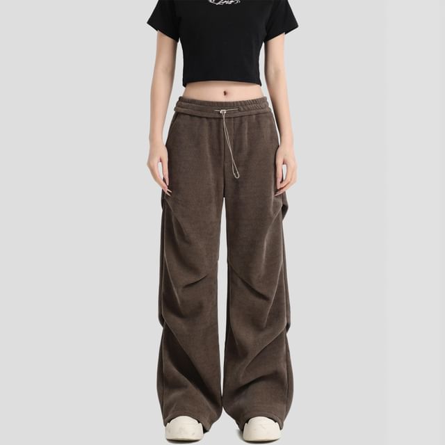 Banash-Drawstring Waist Plain Ruched Wide Leg Pants