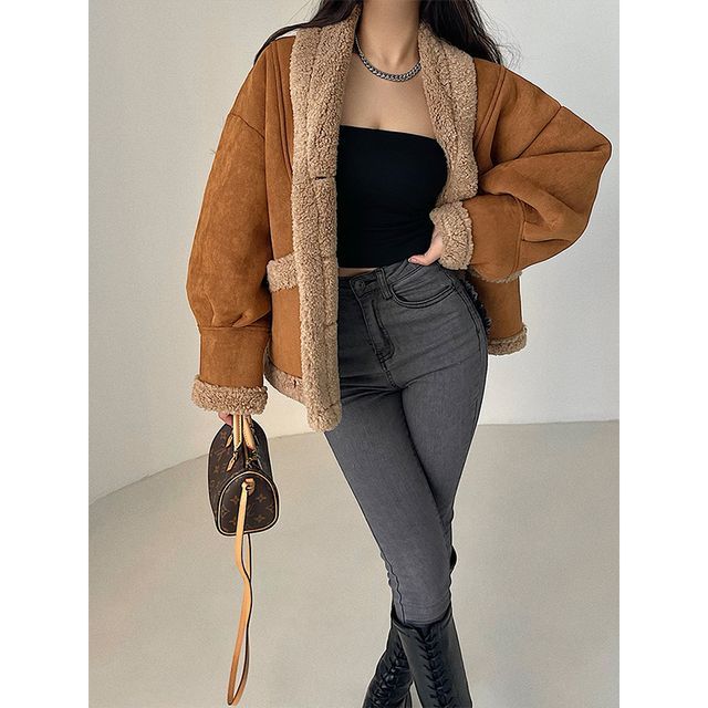 RainGirl-Shawl Lapel Fleece-Lined Button Aviator Jacket