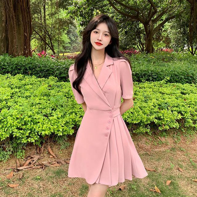 Everose-Short-Sleeve Notch Lapel Asymmetrical Button-Up Pleated A-Line Dress
