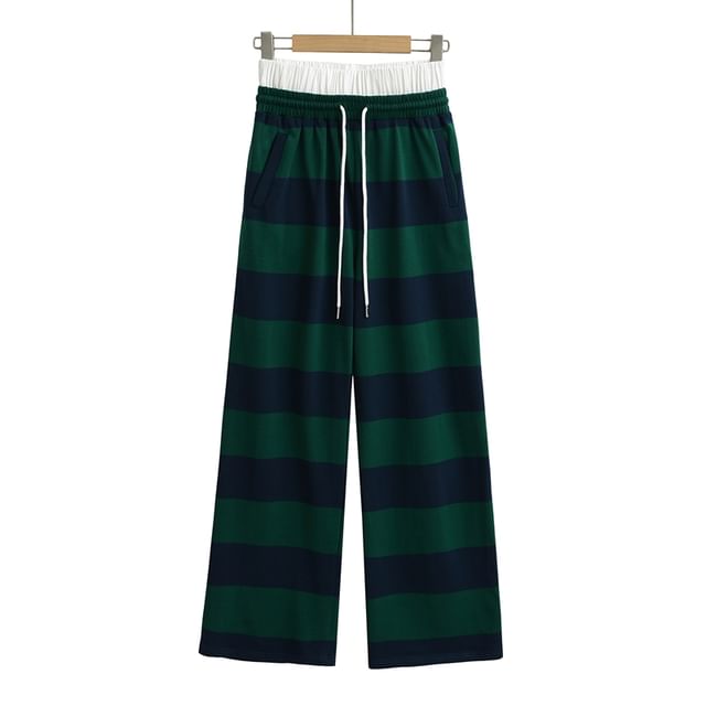 Ulark-Drawstring Waist Mock Two-Piece Striped Wide Leg Pants