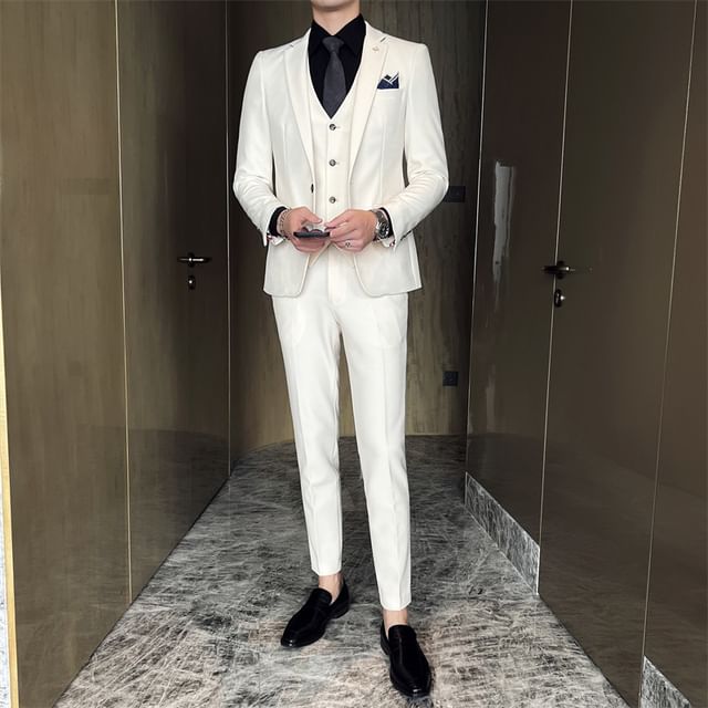 Sheck-Set Lapel Collar Plain Single Button Blazer Mid Rise Plain Dress Pants V-Neck Plain Single Breasted Vest