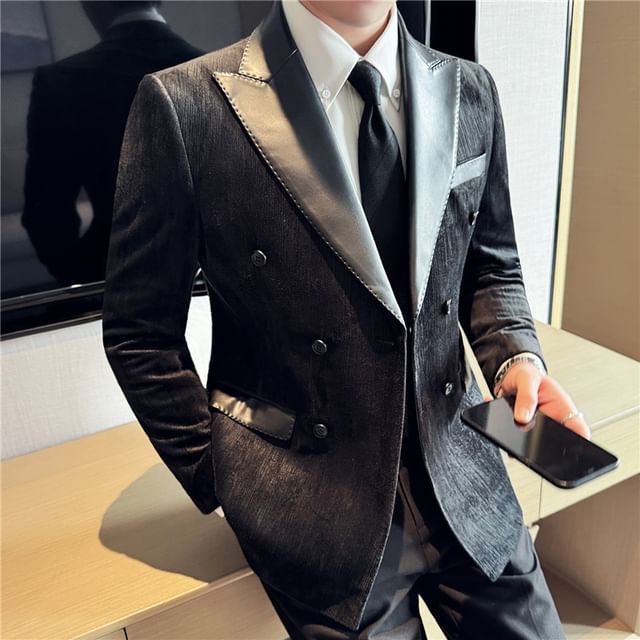 Blueforce-Faux Leather Lapel Collar Double-Breasted Blazer