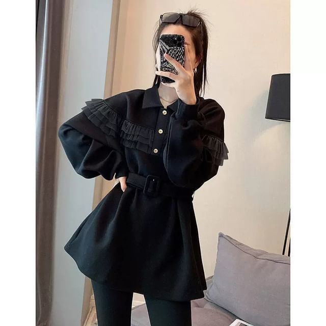 Jeonseon-Collar Plain Frill Trim Sweatshirt