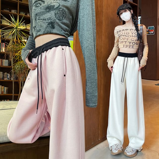 Jaqmine-Drawstring Waist Plain Wide Leg Sweatpants Various Designs