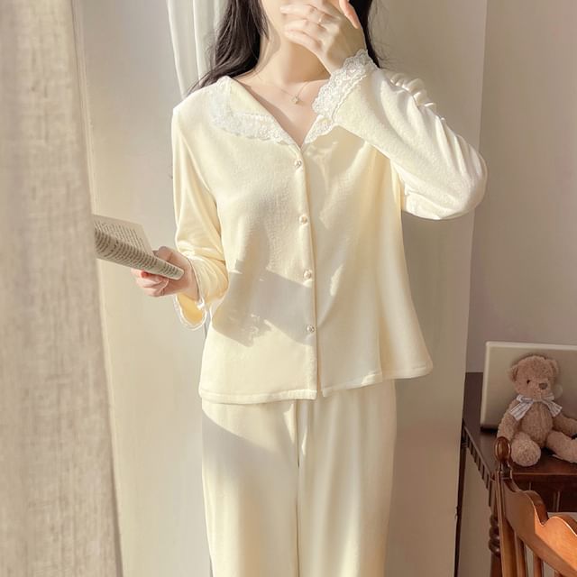 Jilliana-Pajama Set Long Sleeve Collared Panel Lace Button Top Elastic Waist Straight Leg Pants