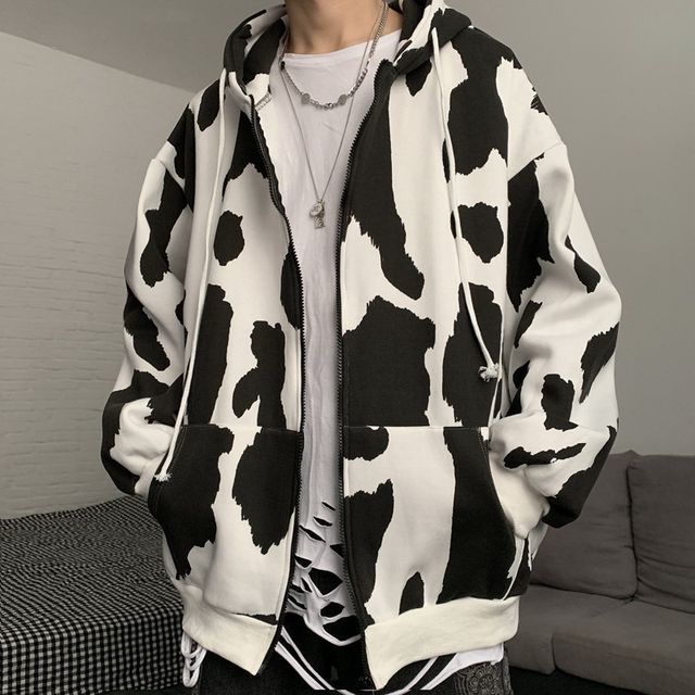 Cow Print Zip Up Hoodie