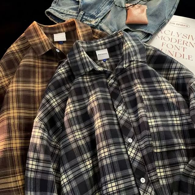 GRAYCIOUS-Long-Sleeve Collared Plaid Shirt