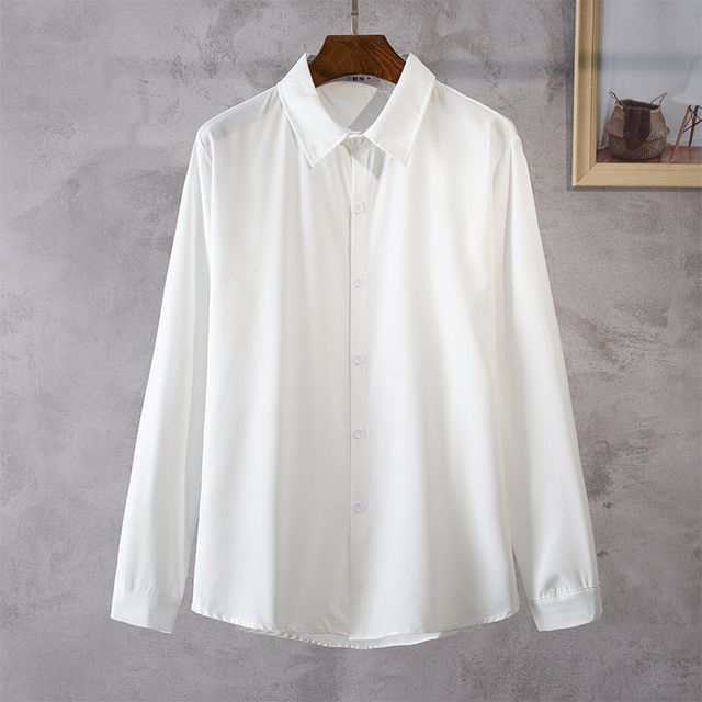 Whyessa-Long Sleeve Plain Shirt