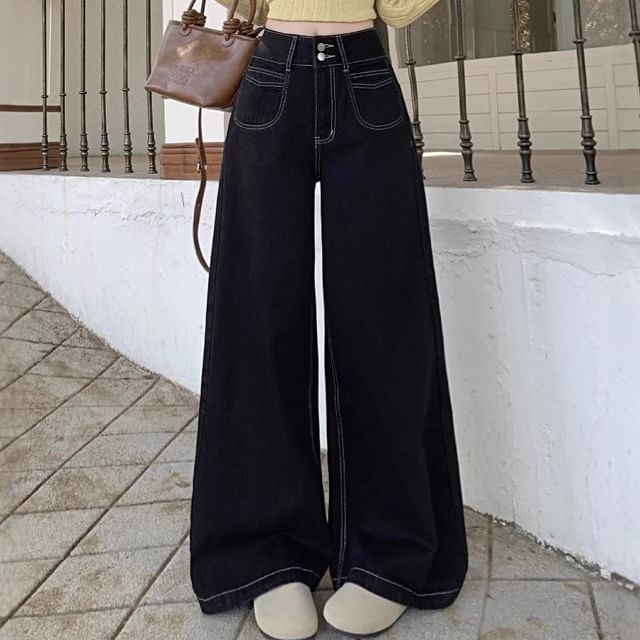 Trendycas-High Rise Washed Wide Leg Jeans