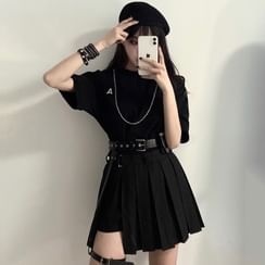 PokkaMoma - Elbow-Sleeve T-Shirt / Pleated Mini A-Line Skirt / Belt / Garter / Set PokkaMoma - Elbow-Sleeve T-Shirt / Pleated Mini A-Line Skirt / Belt / Garter / Set