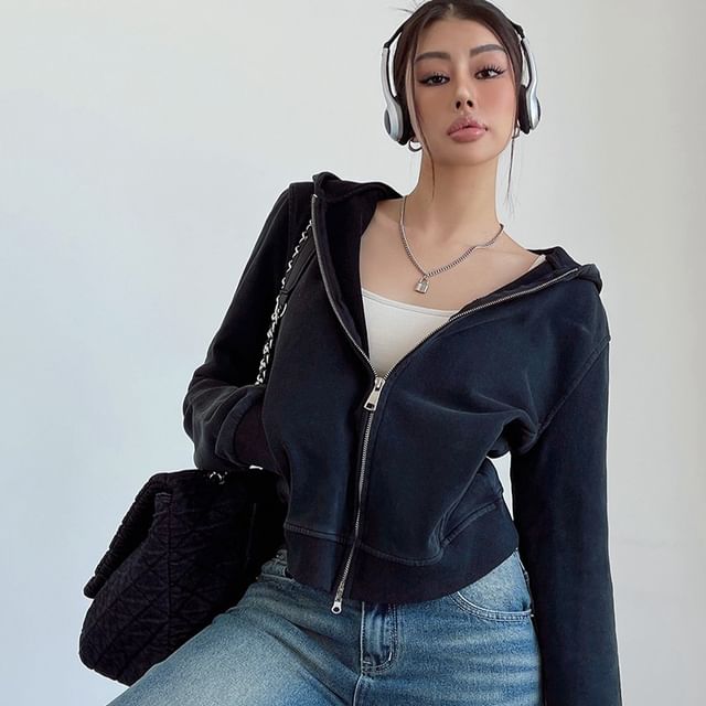 LIVIE Plain Zip-Up Crop Hoodie YesStyle