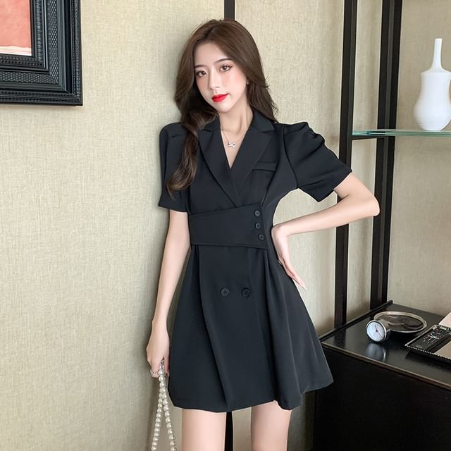 Sienne-Puff-Sleeve Lapel Collar Plain Double-Breasted Mini A-Line Blazer Dress