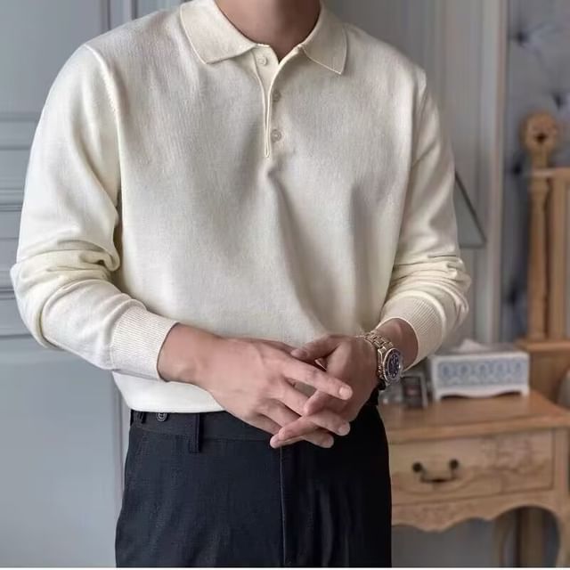 Myanderthal-Long-Sleeve Plain Knit Polo Top