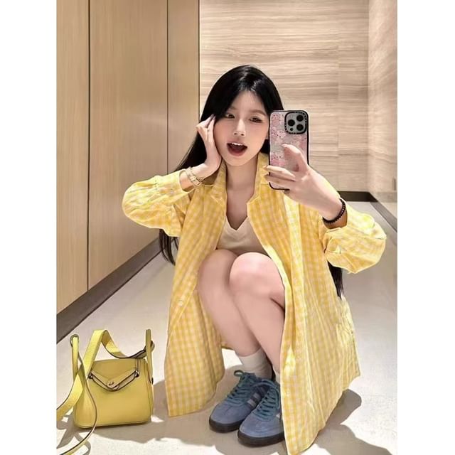Bigfol-Long-Sleeve Gingham Button-Up Shirt