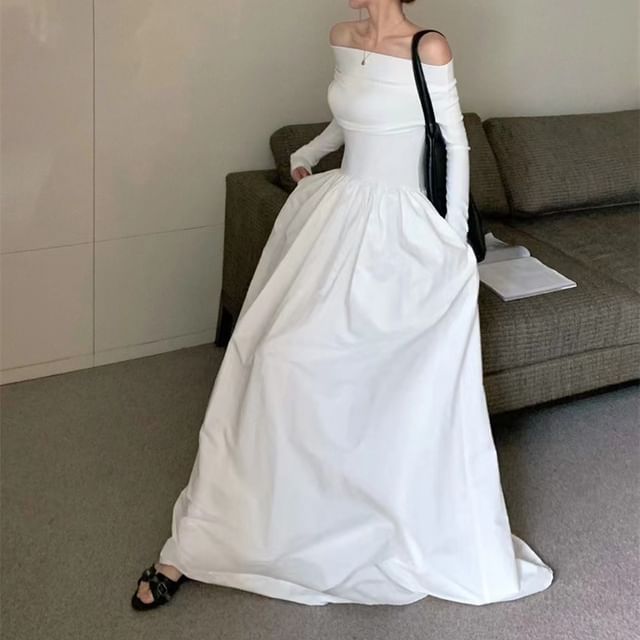 Everose-Long-Sleeve Off Shoulder Plain Gathered Panel Maxi A-Line Dress