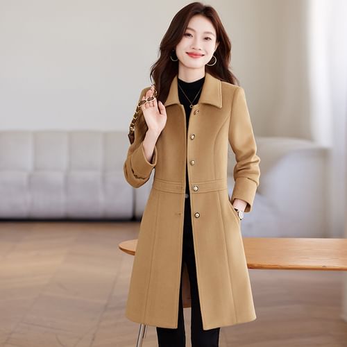 Skyheart - Collar Plain Midi Single-Breasted Coat | YesStyle