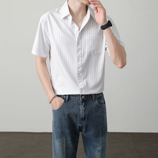 Hushgrain-Short Sleeve Collared Striped Button Up Shirt