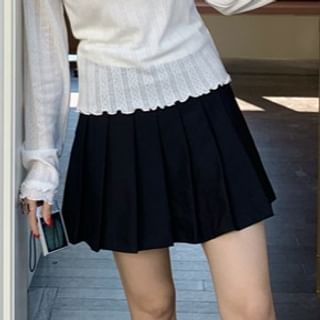 PANDAGO-High Waist Plain Mini Pleated Skirt