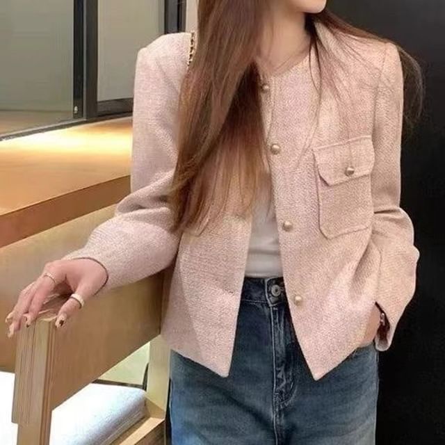 Metonymph-Long Sleeve Round Neck Tweed Jacket