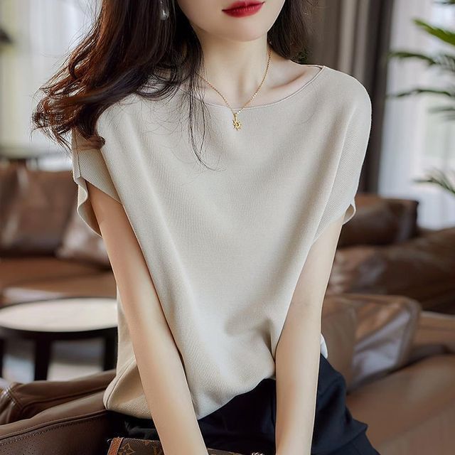 INEN-Cap-Sleeve Boat-Neck Plain Knit Top