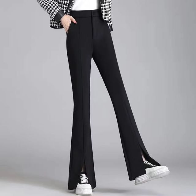 Everose-High Waist Plain Slit Flared Dress Pants