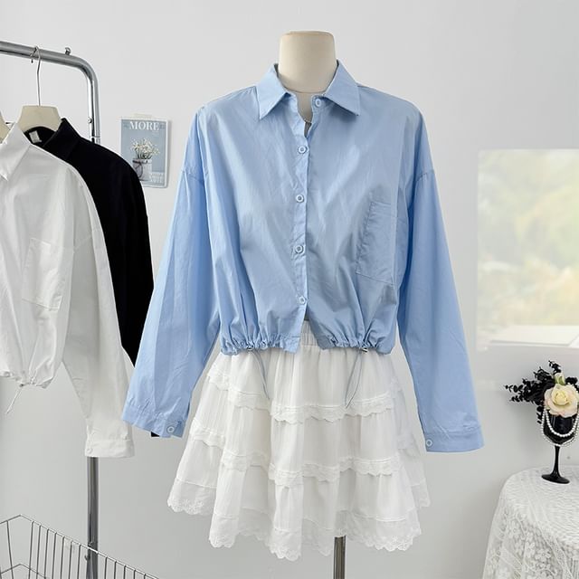 Lemongrass-Drawstring-Hem Crop Shirt