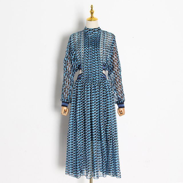 Puff-Sleeve Patterned Maxi Smock Dress 