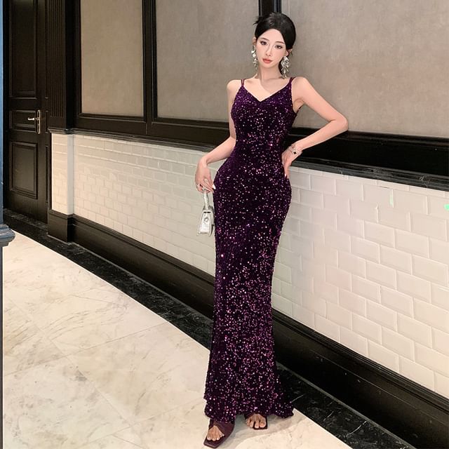 Faiar-Spaghetti Strap Open Back Sequin Maxi Bodycon Dress