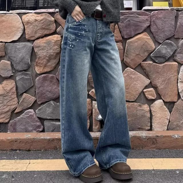 Litoya-Mid Rise Washed Wide Leg Jeans