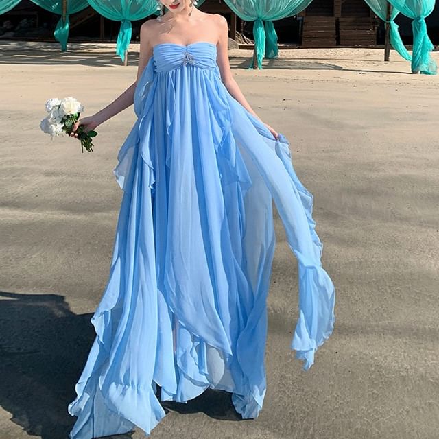 Faiar-Halter Plain Open Back Asymmetrical Ruffle Trim Slit Maxi A-Line Sundress