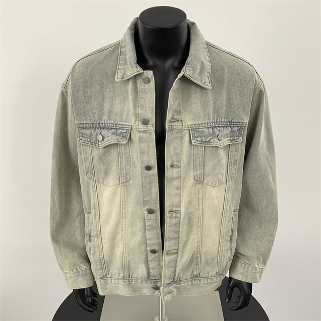 Plummie-Collared Washed Denim Button Jacket