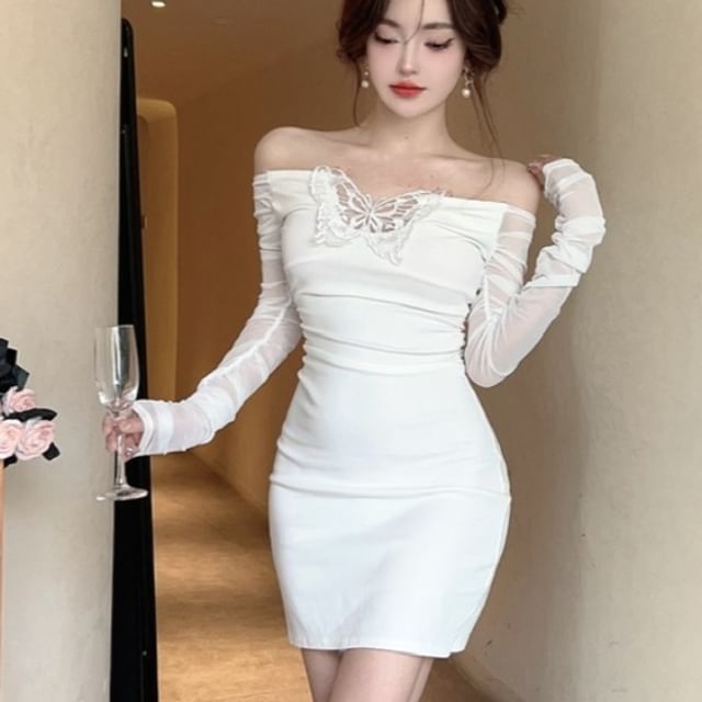 Off Shoulder Butterfly Long Sleeve Bodycon Dress Off Shoulder Butterfly Long Sleeve Bodycon Dress