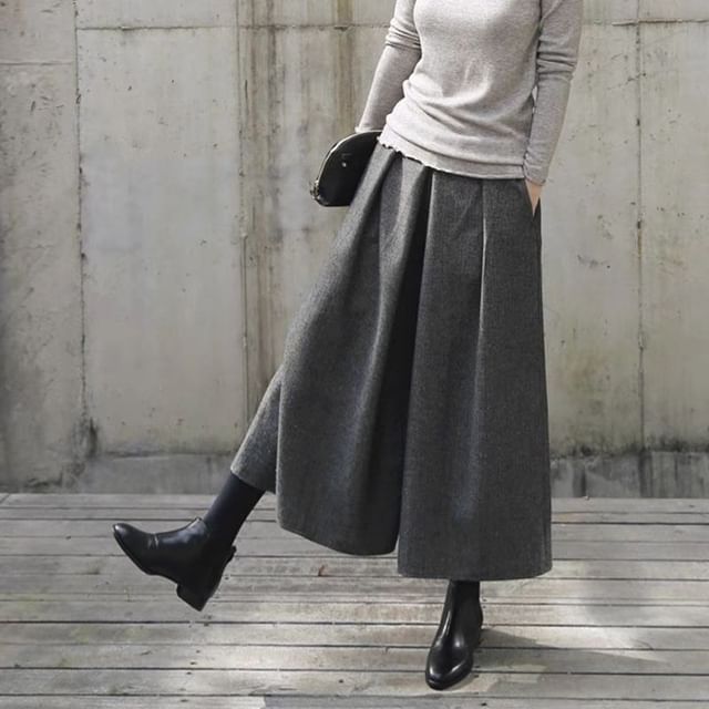 Lewwe-Mid Rise Plain Cropped Wide Leg Pants
