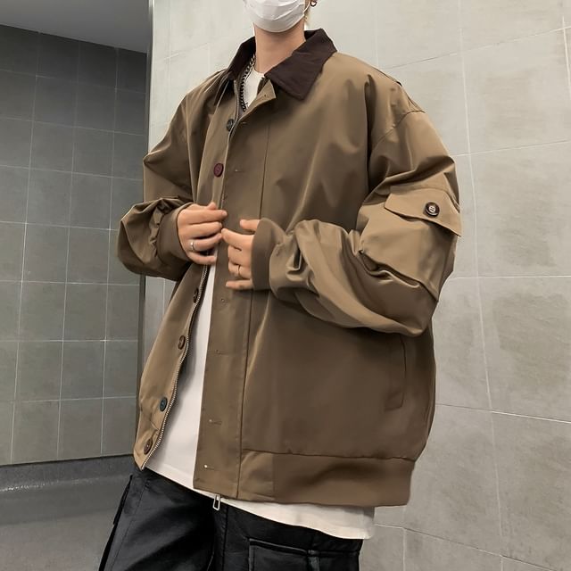 Trimecca-Collared Two Tone Button Up Jacket
