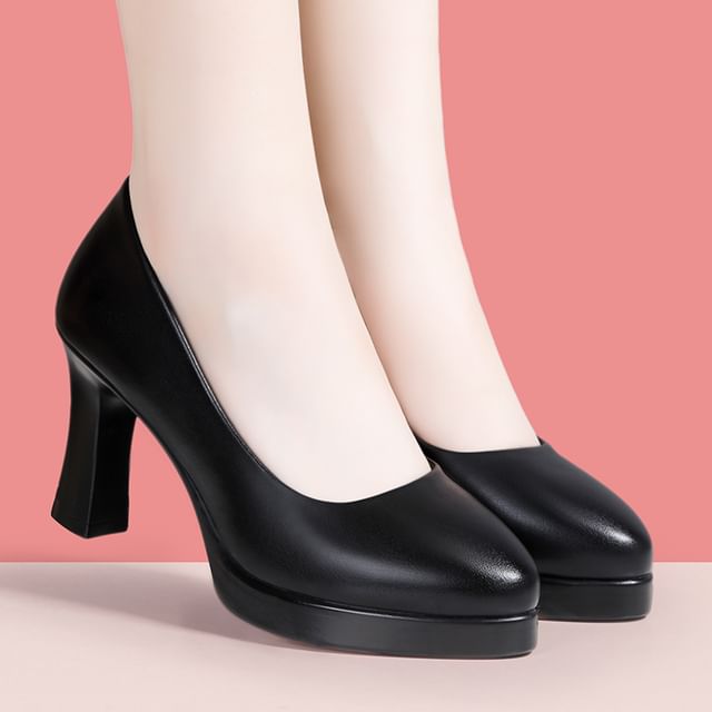 Freesia-Almond Toe Platform Chunky Heel Pumps Various Designs