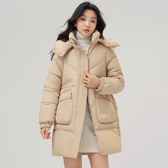 Acoustic Rain-Hooded Plain Puffer Coat