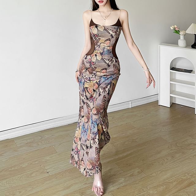 Sugarcoat - Spaghetti Strap Butterfly Print Maxi Sheath Dress | YesStyle