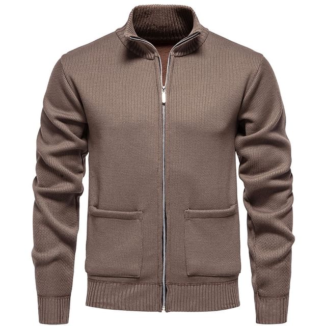 FORSETI-Stand Collar Plain Zip-Up Cardigan